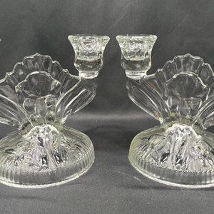 Pair of Vintage Jeannette Iris and Herringbone Double Candlestick Holder